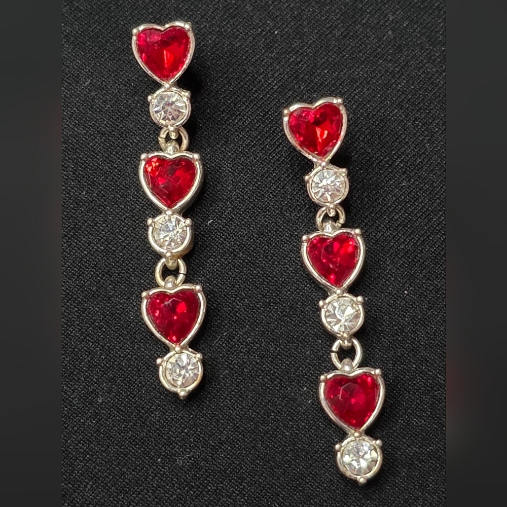 Source Unknown Glamorous Red and Silver Heart Drop Earrings - Picture 2 of 5